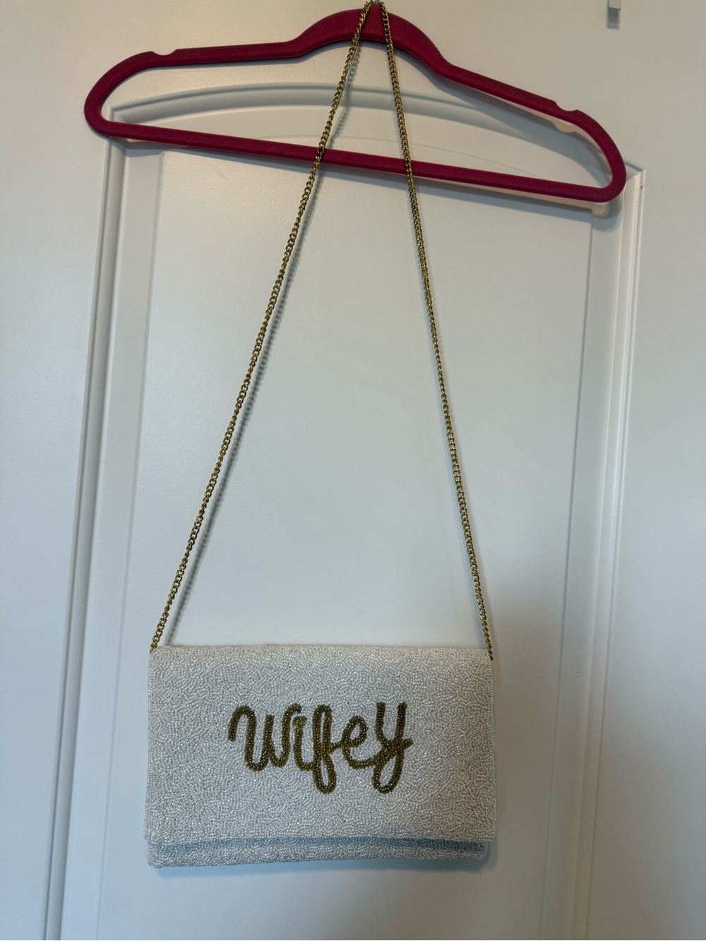 Wifey Beaded Crossbody Clutch in Ivory with Gold Script
